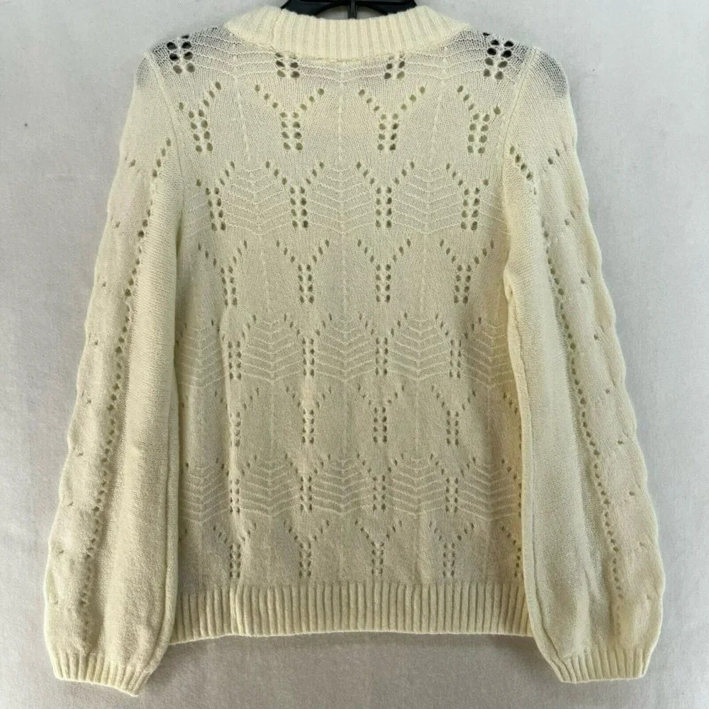 GAP Sweater Women's S Beige Cable-Knit Pointelle Crew Neck Ribbed Balloon Sleeve - Picture 3 of 13